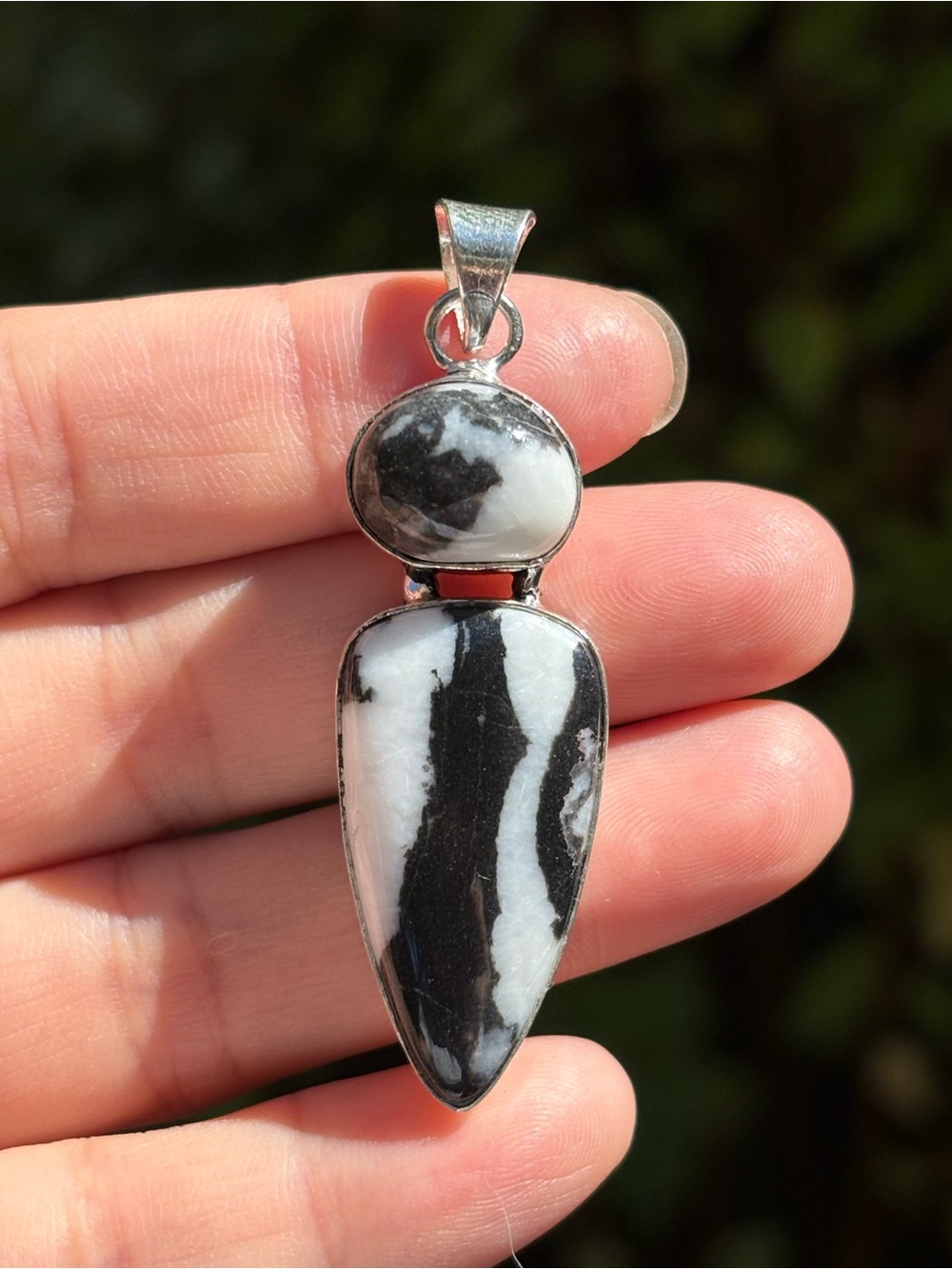 Zebra Jasper Double Stone Pendant Necklace - Black and White